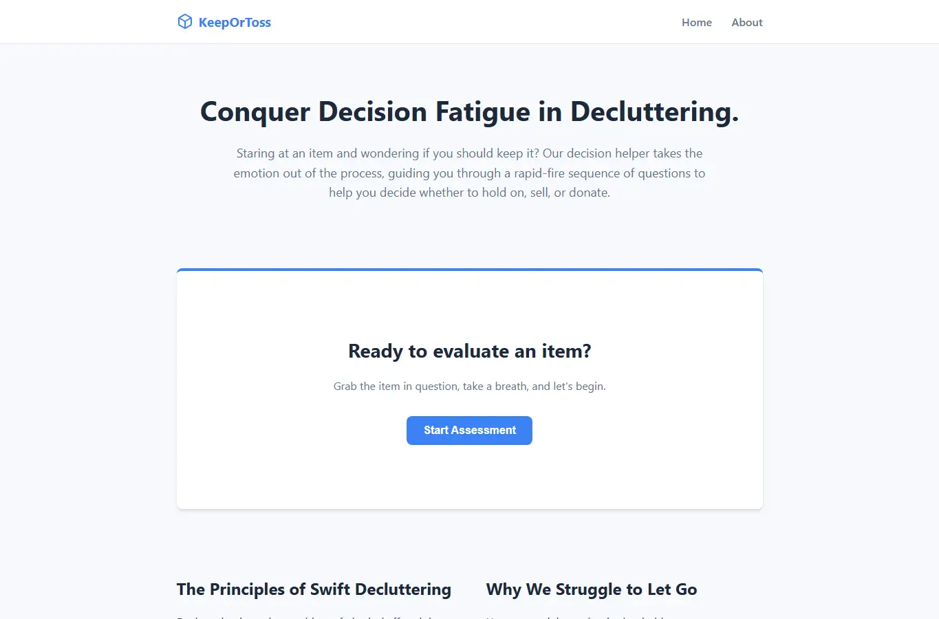 Screenshot of KeepOrToss: Decluttering Logic interface showing the project page in use